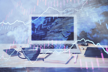 Multi exposure of forex graph and work space with computer. Concept of international online trading.