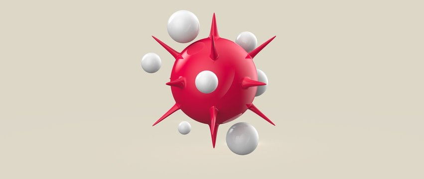 Dise&ntilde;o de esferas con espinas y burbujas flotantes. Ilustraci&oacute;n 3d de figuras geom&eacute;tricas abstractas, materiales pl&aacute;sticos y vidrio transparente. Fondo tridimensional realista