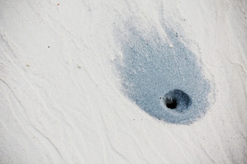 Crabs holes and sand Bubbler on the beach in Thailand