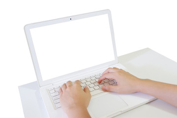 hand on laptop screen white isolated on white background.Cropped Hands Of Person Using Laptop On Table