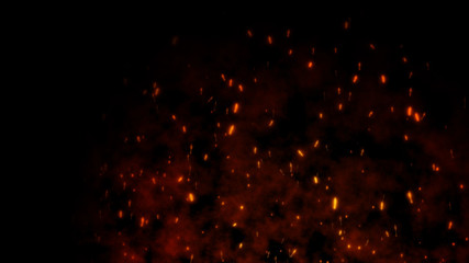 Burning red hot flying sparks fire in the night sky. Beautiful abstract background flying on black...