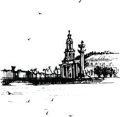 Vector hand drawn linear sketch of one of famous veiw of Saint-Petersburg, Russia. City landskape with historical buildings, embankment, brige . river Neva. Black and white illustration.