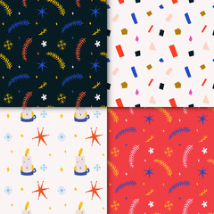 Fototapeta premium Set of winter seamless vector patterns. Collection of colorful decorative backdrops for christmas and new year design. Cute hand drawn doodles and simple ornaments. Good as wrapping paper or fabric.