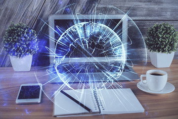 Multi exposure of business theme icons and table with computer background. Concept of success.