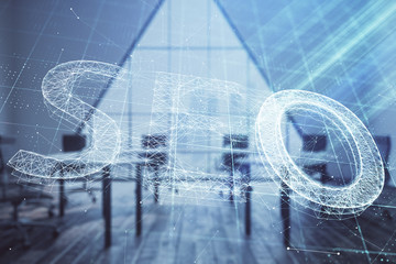 Double exposure of seo hologram on conference room background. Concept of search optimization