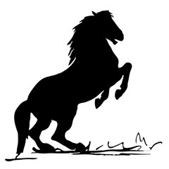 isolated hand drawing, black horse silhouette on white background. the horse stood on its hind legs. 