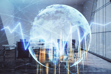 Double exposure of stock market graph with globe hologram on conference room background. Concept of international finance