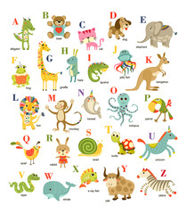 Obraz premium Cute vector cartoon baby animals english alphabet on white background. Vector illustration for kids education, language study. Children pattern with animals and letters.