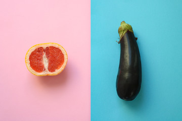 Abstract symbols for male and female gender (sex) shown as half a grapefruit and an eggplant