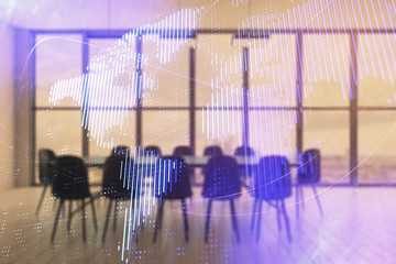 Double exposure of globe hologram on conference room background. Concept of international business