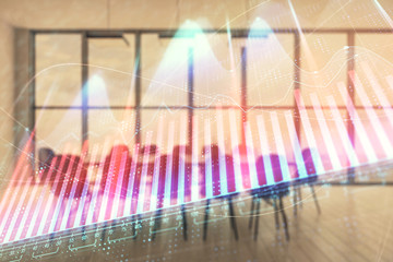 Multi exposure of stock market graph on conference room background. Concept of financial analysis