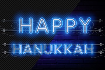 Happy Hanukkah, sale in a neon style. Vector illustration. Neon luminous text on the subject of hanukah. Bright banner, luminous festive sign. Neon sign on transparent glass.