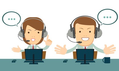Smiling male and female operator with headset working at call center. Customer service concept.