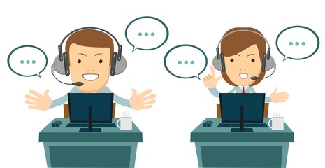 Smiling male and female operator with headset working at call center. Customer service concept.