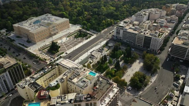 Aerial drone video of Greek Parliament building in syntagma square in the heart of Athens, Attica, Greece