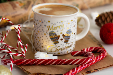 cup of coffee and christmas decoration