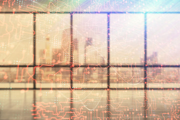 Double exposure of abstract technology hologram on empty room interior background.