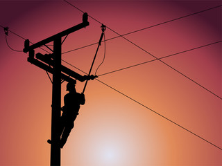 The silhouette of power lineman use clamp stick grip all type to install hotline clamp on energized high-voltage. The lead line is held onto the insulate hanger.