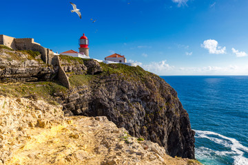 Fototapeta na wymiar Lighthouse of Cabo Sao Vicente, Sagres, Portugal. Farol do Cabo Sao Vicente (built in october 1851) Cabo de Sao Vicente is the South Western tip of Europe, Sagres, Portugal.
