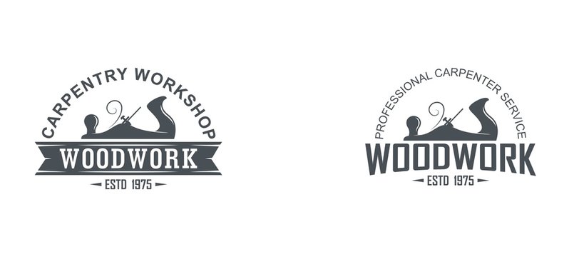 Black and white logo illustration of a carpenter workshop. Vector illustration of a planer and text with banner