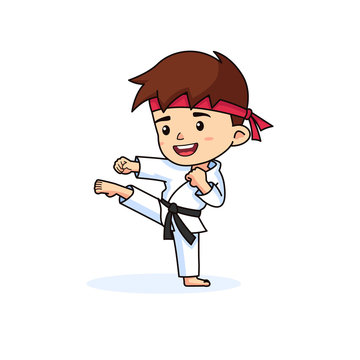 Karate boy kids performing kick, cartoon vector illustration Stock Vector |  Adobe Stock