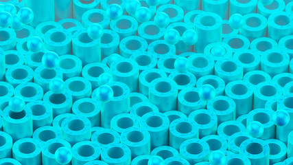 Cylindrical tubes and balls. Beautiful blue color and surface texture. Good background for your motion design. 3d render