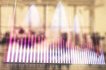 Stock and bond market graph with trading desk bank office interior on background. Multi exposure. Concept of financial analysis