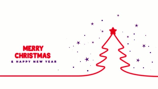 Red line appears on a white background that draws a Christmas tree, the top of which is decorated with a star, the inscription Marry Christmas Happy New Year appears in red and blinks. Stars are