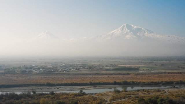 Greater Ararat and Little Ararat. View from side of Armenia