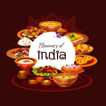 Indian thali dishes with rice, meat and vegetables