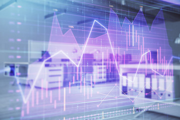 Stock market chart with trading desk bank office interior on background. Double exposure. Concept of financial analysis
