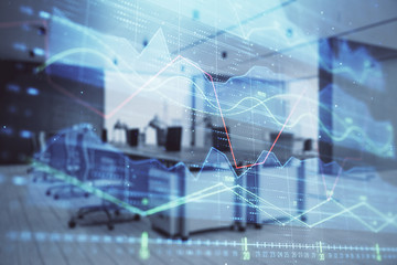 Stock market chart with trading desk bank office interior on background. Double exposure. Concept of financial analysis