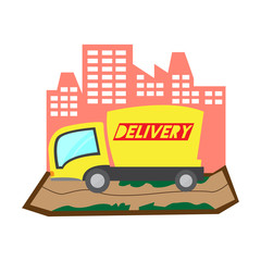 Delivery truck vehicle over a colored cityscape - Vector