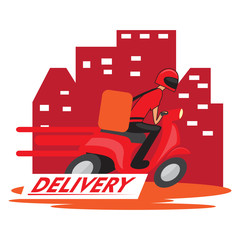 Delivery boy over a motorcycle over a red cityscape - Vector