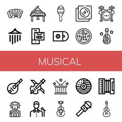 Set of musical icons such as Accordion, Wind chimes, Piano, Cassette, Maracas, Cds, Cd, Musical notes, Drum set, Guitar, Mandolin, Punk, Violin, Singer, Drum, Acoustic guitar , musical