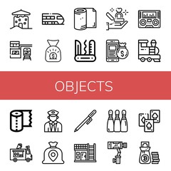 Set of objects icons such as House, Train station, Train, Money bag, Toilet paper, Swiss army knife, Proposal, Radio, Paper towel, Ice cream truck, Pen, Bowling, Stabilizer , objects