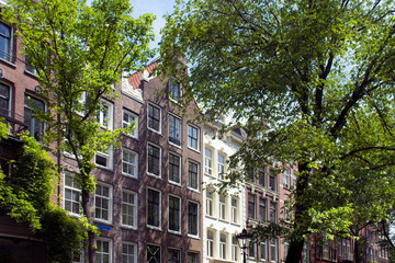 View of historical, traditional and typical buildings showing Dutch architectural style and trees in Amsterdam. It is a sunny summer day.