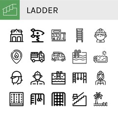 Set of ladder icons such as Stairs, Fire station, Spring swing rocket, Swimming pool, Ladder, Firefighter, Fire truck, Monkey bars, Rope ladder, Stair, Pool ,
