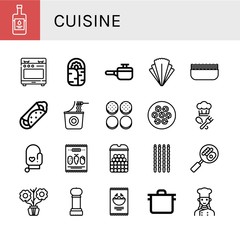 Set of cuisine icons such as Balsamic vinegar, Stove, Burrito, Cooking pot, Salad, Minced meat, Instant noodles, Burger bun, Dumpling, Cook, Oven mitt, Mix, Cheese balls , cuisine