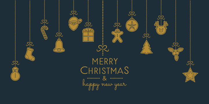 Concept of Christmas greeting card with hanging decorations. Vector.