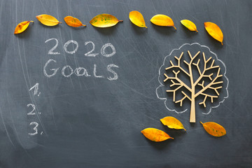 Business concept, top view of blackboard with the phrase 2020 goals
