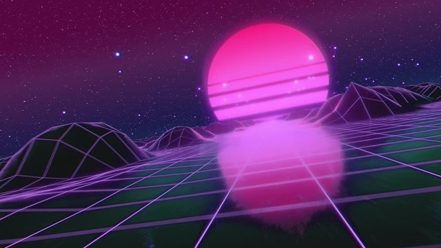 Retro futuristic flight in space with a polygonal mesh on the generated hills and floor. Concept 80s 90s. Fantastic abstract neon background. Camera tilted, Dutch corner. Seamless loop 3d render