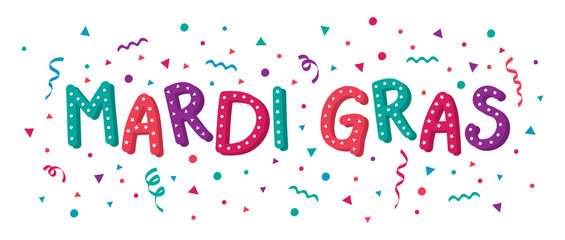 Mardi Gras greeting card with colorful confetti and confetti. Vector