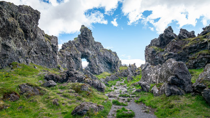 Volcanic lava rocks at Djupalonssandur beach in Snaefellsnes peninsula in Western Iceland