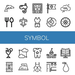 Set of symbol icons such as Dolphin, Cutlery, Snorkel, Fleur de lis, Monitor, Clothes, Flag, Pie chart, Carbon dioxide, Embroidery, Cosmopolitan, Oil barrel, Cloud computing , symbol