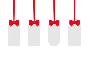 White tags isolated on white background with red ribbon. Vector stock illustration.