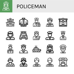 Set of policeman icons such as Police officer, Police station, Firefighter uniform, Customs, Police, Policewoman, car, Policeman, Cop, Riot Officer , policeman