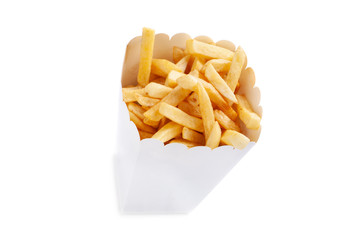 French fries in a white bag.