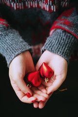 New Year's atmosphere, Christmas, a girl in a red sweater holds decoration toys - two hearts in her hands