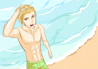 sexy man cartoon anime on beach vacation and holiday vector concept